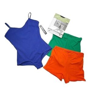Body Wrappers Blue Leotard + Orange&Green Shorts + Capezio Black Tights L/XL NWT